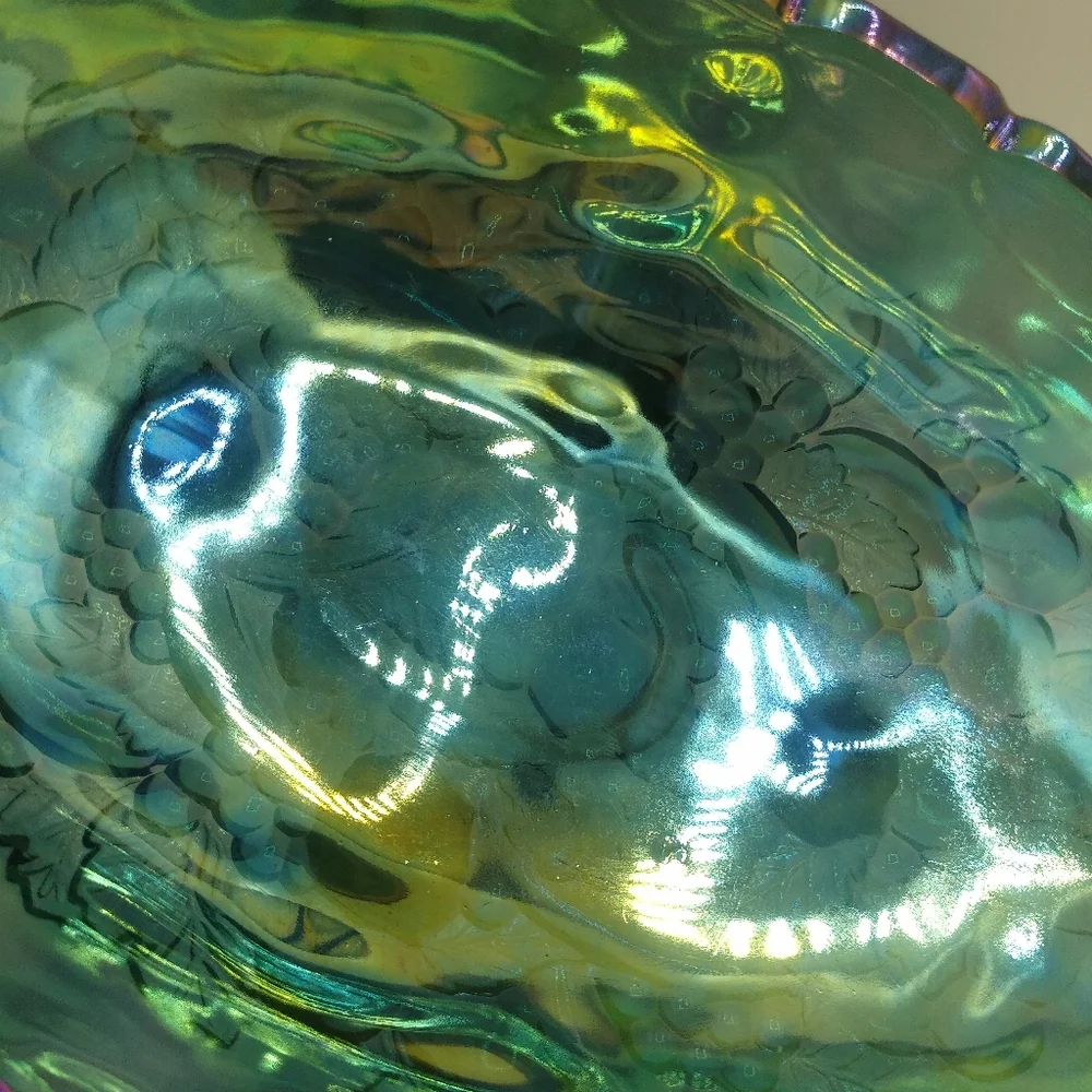 Indiana Glass Harvest Grapes Carnival Iridescent Blue Footed Large Oval Bowl - Picture 6 of 11